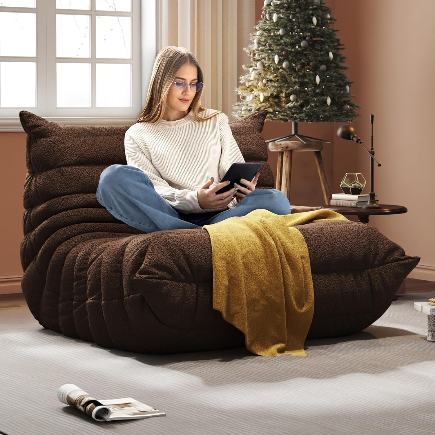 Giant Bean Bag Chair for Adults - Teddy Fleece Fireside Accent Chair with Memory Foam, Comfy Lazy Floor Sofa Couch Boneless Chaise Lounge for Living Room Bedroom Home Theaterr, 1 Seater,Coffe