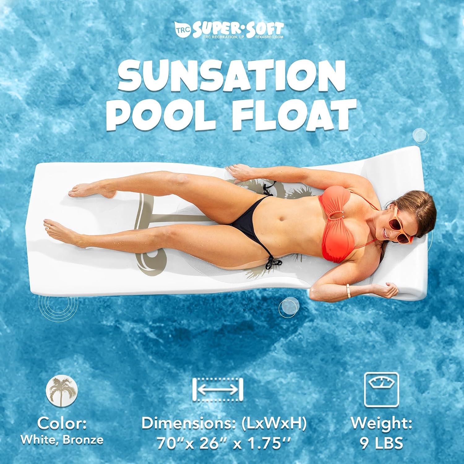 TRC Recreation 2-Pack Sunsation 1.75' Thick Foam Pool Float Lounger, White with Bronze Palm w/Headrest for Lounging & Sunbathing in Swimming Pools, Beaches & Lakes, 70' x 26'