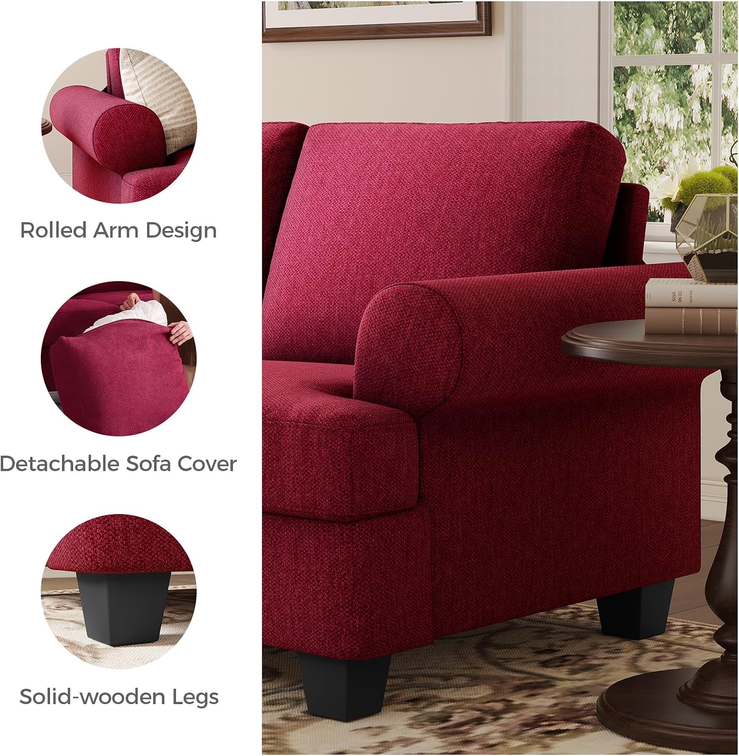 COPIAE 91 Inch Lawson Sofa with Extra Deep Seats Oversize, Mid-Century 3-Seat Sofa Couch, for Living Room, Apartment, Lounge, Red