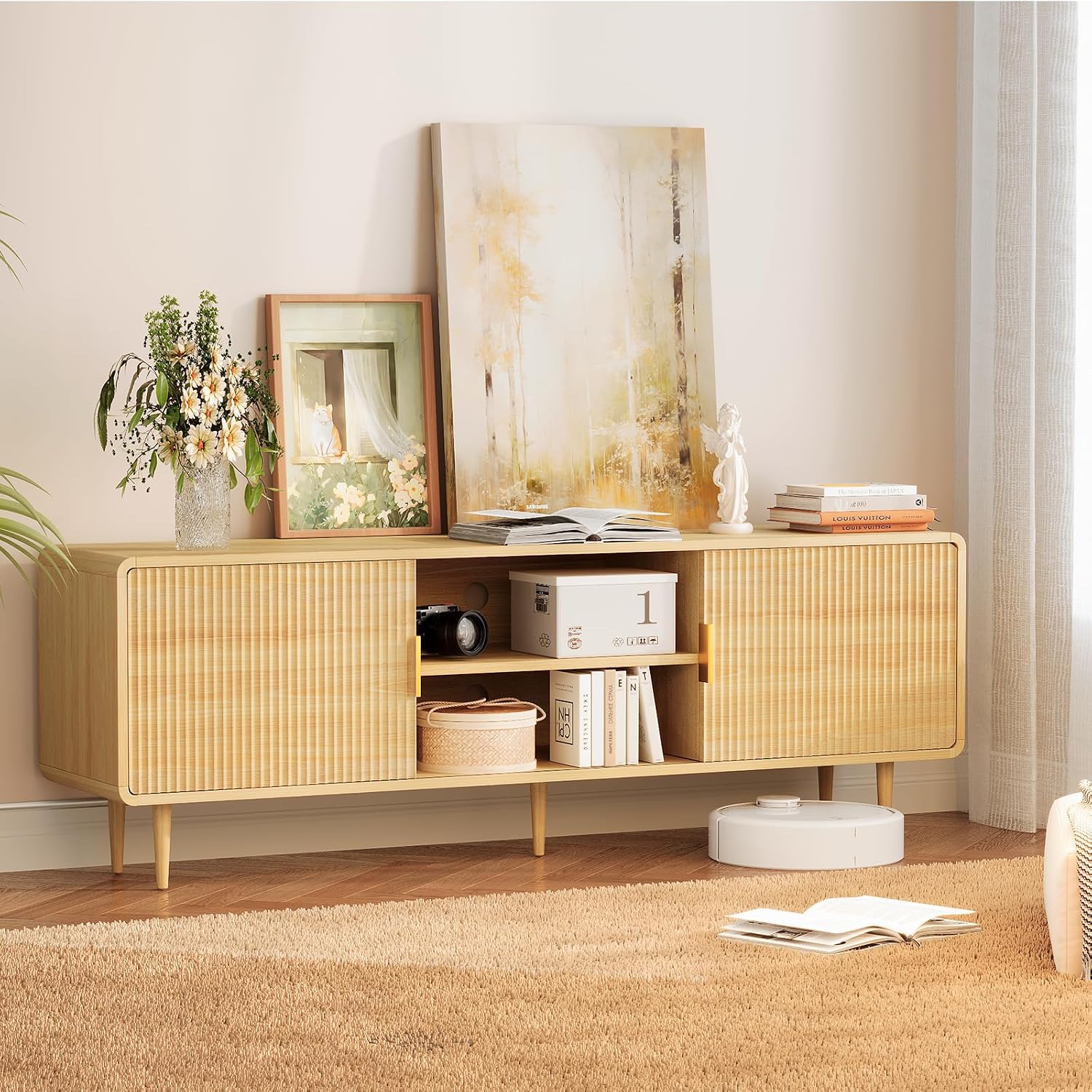 TV Stand for 65 Inch TV, Fluted TV Stand with Curved Profile Design, Wood Entertainment Center TV Console Table with Sliding Doors & Adjustable Shelves, TV Stand for Living Room Bedroom, Natural