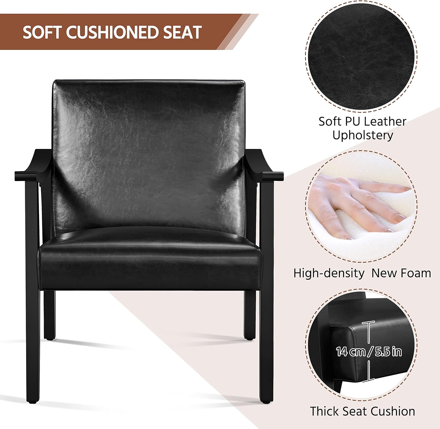 Yaheetech PU Leather Black Chairs, Mid-Century Modern Armchair with Solid Wood Legs, Reading Accent Chair with High Back for Living Room Bedroom Waiting Room, 2 pcs, Black