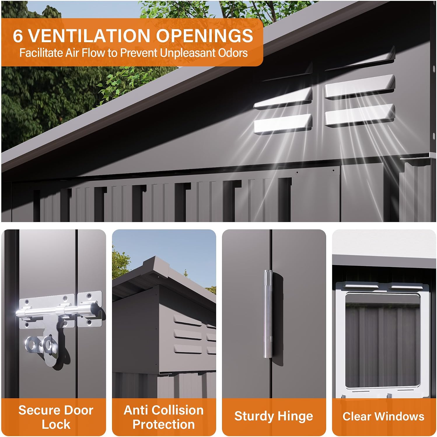 4 x 9 FT Outdoor Storage Shed, Lean-to Metal Storage Shed for Backyard Patio Garage,Sloped Roof Corner Fit, Center Sliding Double Doors, 6 Vents, Galvanized Steel Tool House, Weather-Resistant Gray