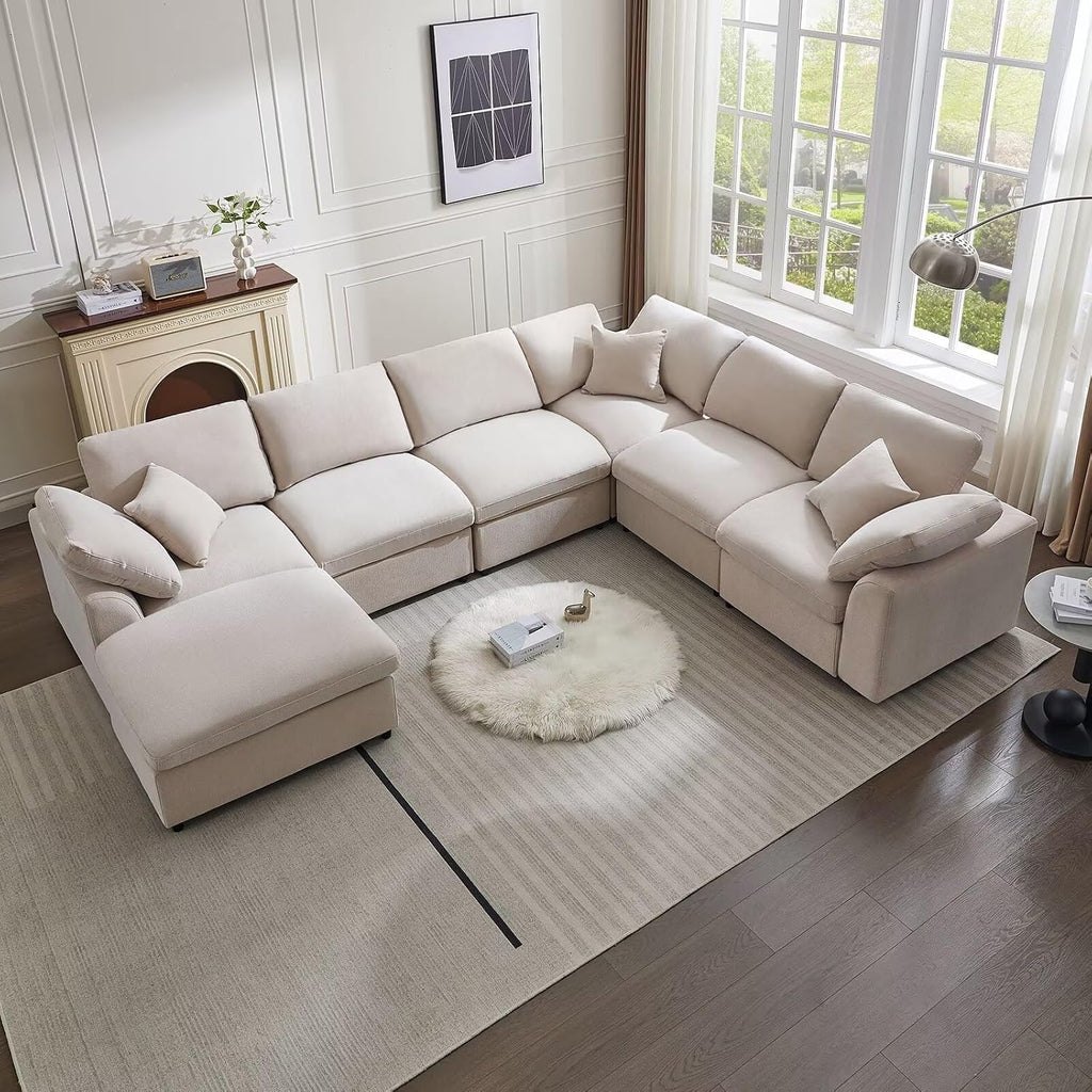 Siiejia Modular Sectional Sofa Modern Oversized Chenille Cloud Couch with Movable Ottoman 7 Seater L-Shaped Sofas Comfy Couches for Living Room Spacious Space Office Lounge, Beige