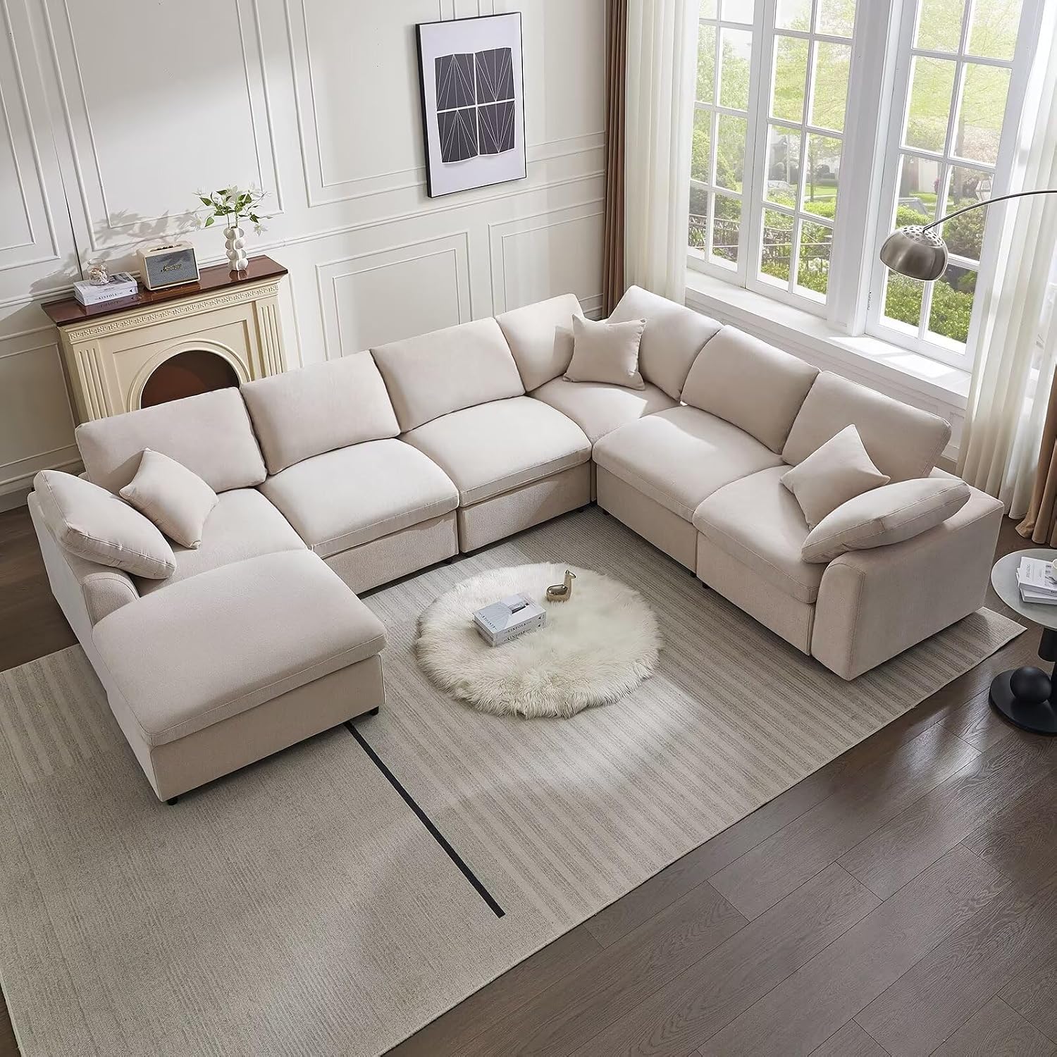 Siiejia Modular Sectional Sofa Modern Oversized Chenille Cloud Couch with Movable Ottoman 7 Seater L-Shaped Sofas Comfy Couches for Living Room Spacious Space Office Lounge, Beige