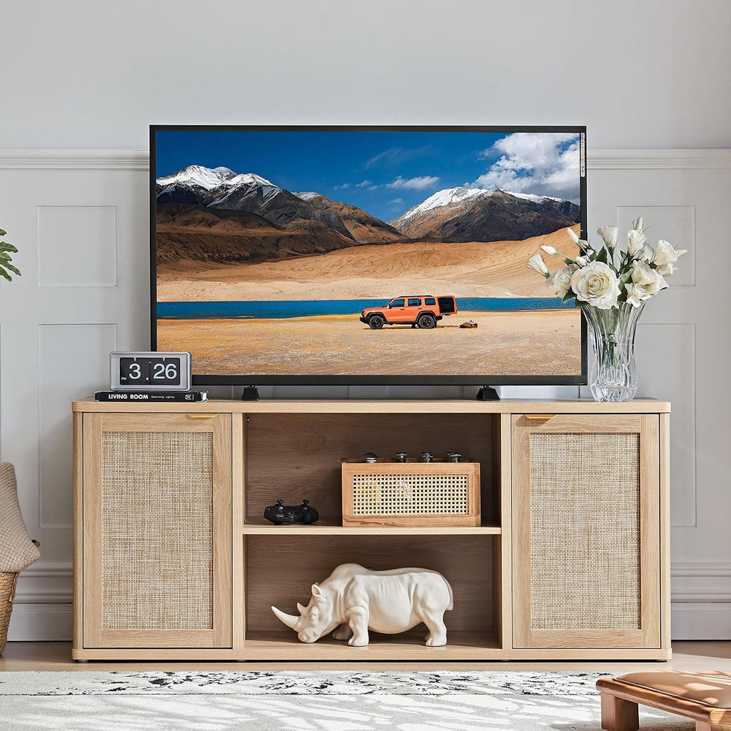 LEYAOYAO Rattan TV Stands for Living Room, Boho TV Cabinet with Storage and Open Shelf, Rustic Wood Entertainment Center, Media Console for 50-65 Inch TV, Natural Wood