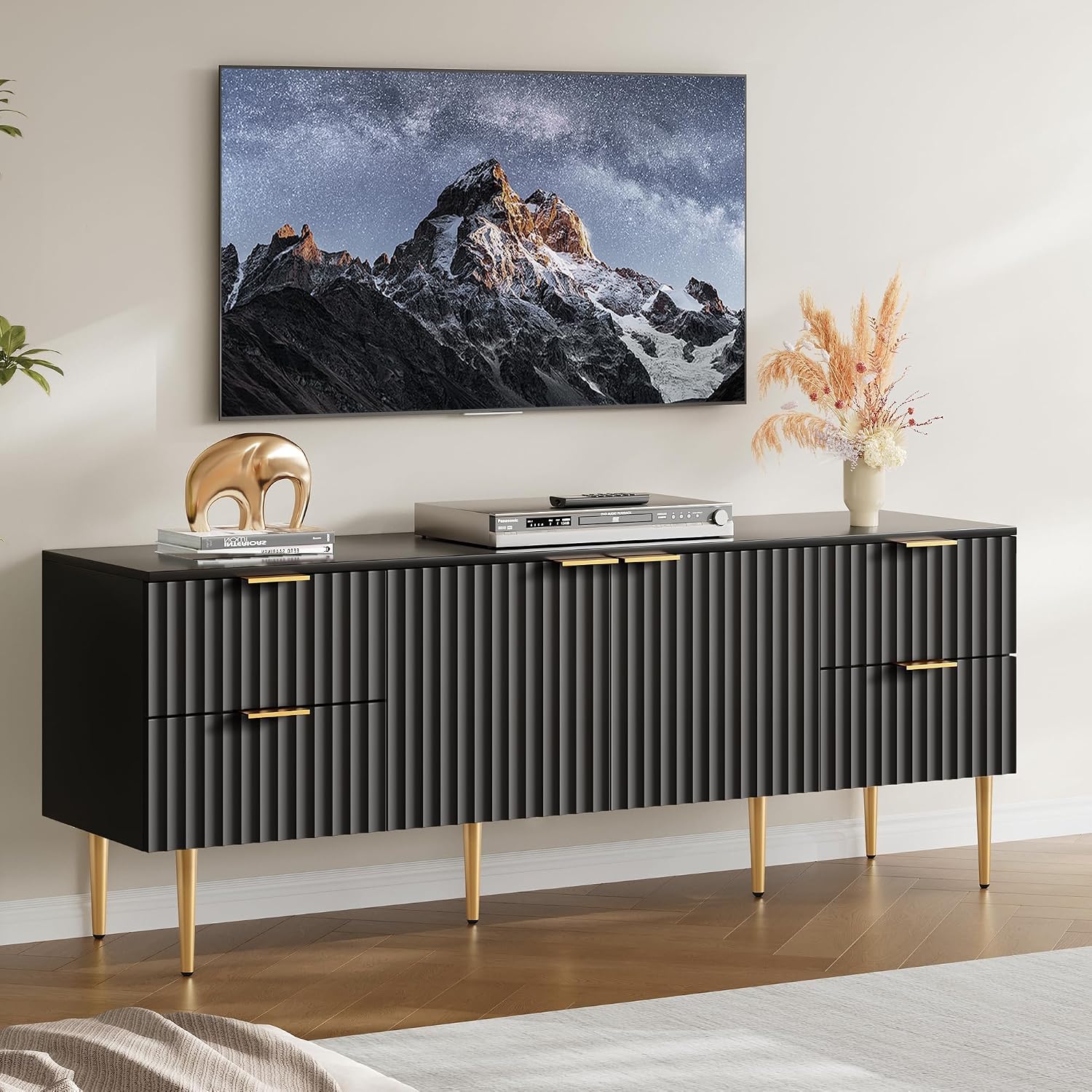 SICOTAS TV Stand for 55/60/65/70 Inch TV - 62 Inch TV Stands for Living Room Entertainment Center with 4 Drawers, Fluted Modern TV Media Console Television Cabinet for Bedroom (Black,1 Piece)