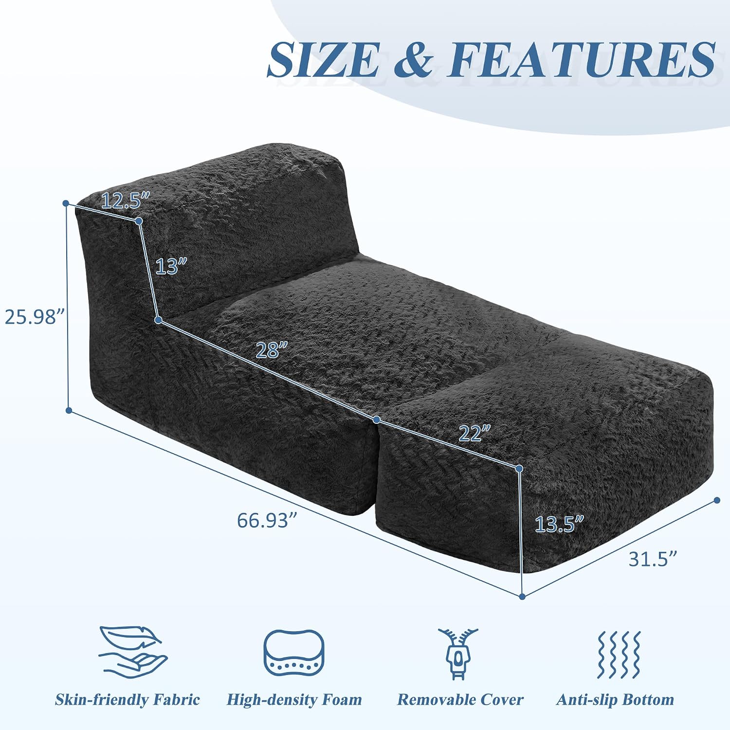 Hobestluk Bean Bag Chair Big Bean Bag Lounger for Adults Bean Bag Couch with Memory Foam Filled for Living Room, Bedroom or Balcony (Chevron Plush Black)
