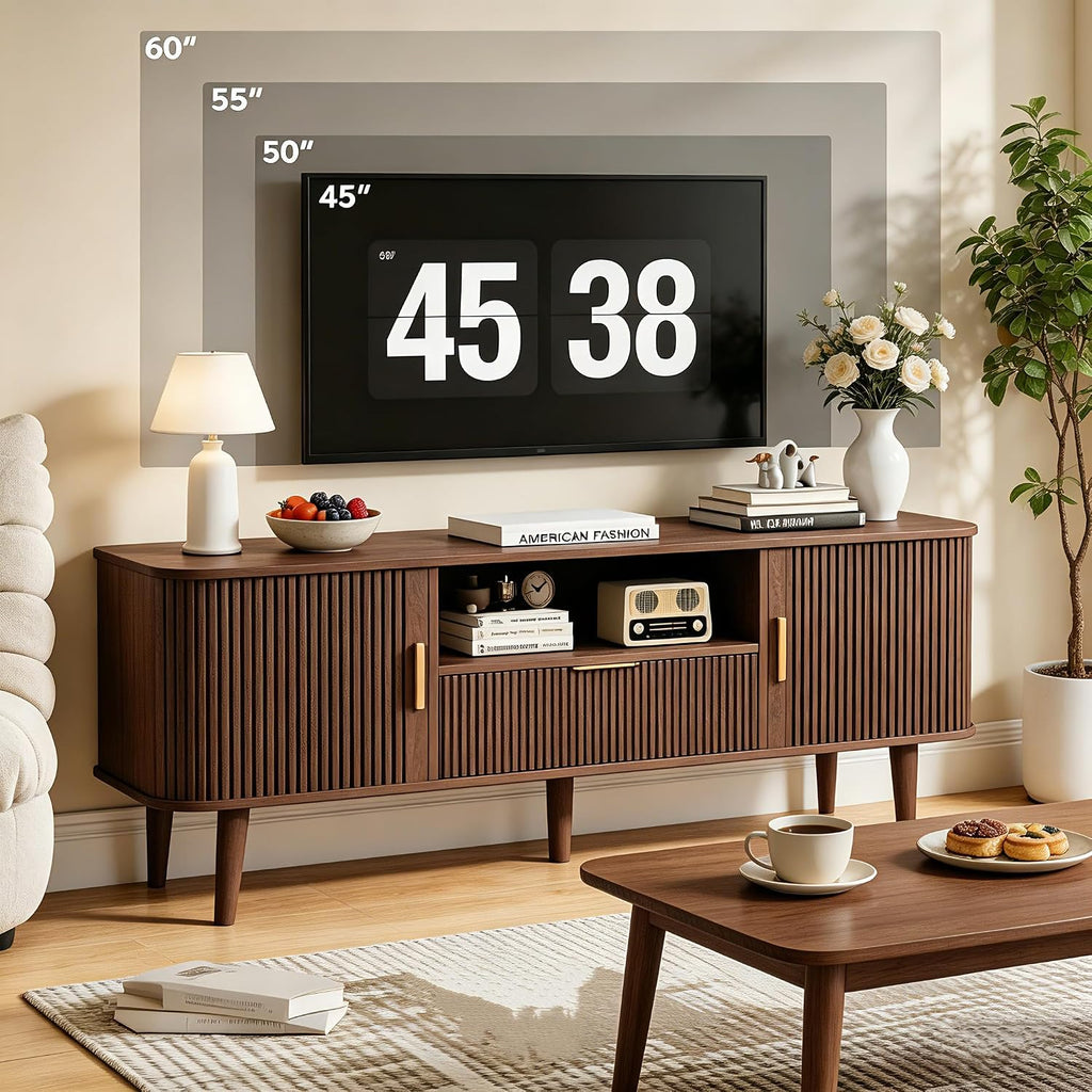 Fluted TV Stand for TVs Up to 60 Inch, 55' Mid-Century Entertainment Center with Sliding Doors&Drawer, Modern Media Console for Living Room, Walnut (55.1' L*15.7*W*23' H)