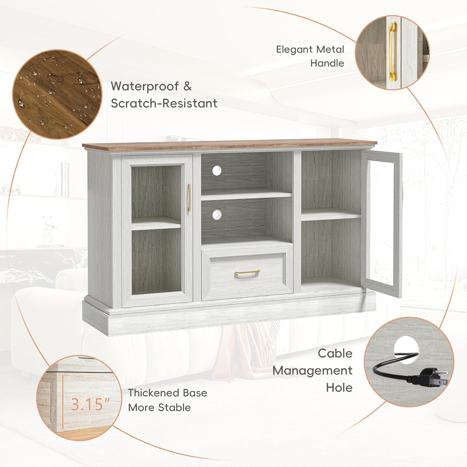 Farmhouse TV Stand for 55/60/65 Inch TV, Tall Media Console with 2 Glass Doors & 3 Adjustable Shelves, Wood Entertainment Center with Cubbies & Drawers for Living Room, Rustic White