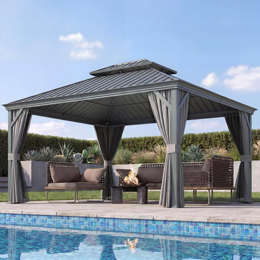 Domi 10x12 Outdoor Gazebo, Hardtop Gazebo with Aluminum Frame, Heavy Duty Pavilion Gazebo for Patio Deck Backyard, Curtain and Netting Included, Grey