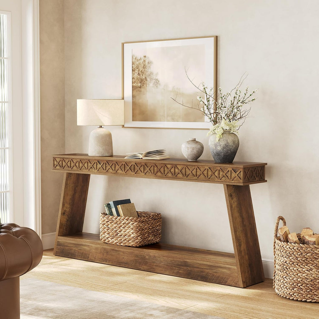 LITTLE TREE 70.87' Long Farmhouse Console Table, 2-Tier Shelf Narrow Accent Entryway Sofa Table for Living Room, Behind Couch, Hallway - Brown