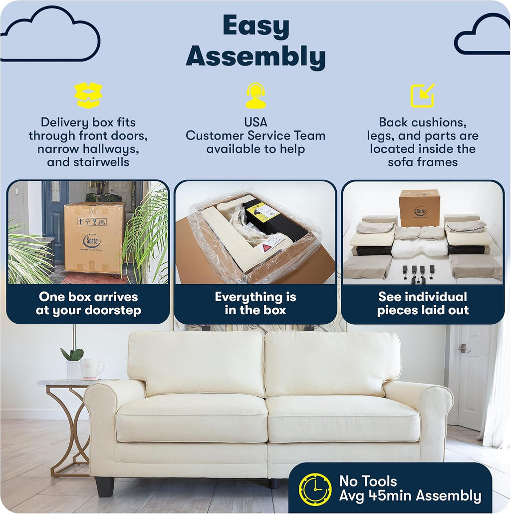 Serta Palisades 61' Track Arm Sofa, Easy Care Polyester, Soft Pillow Back, Pocket Coil Seat Cushions, Removable Covers, Loveseat or Couch for Small Spaces, Living Rooms or Bedrooms, Gray