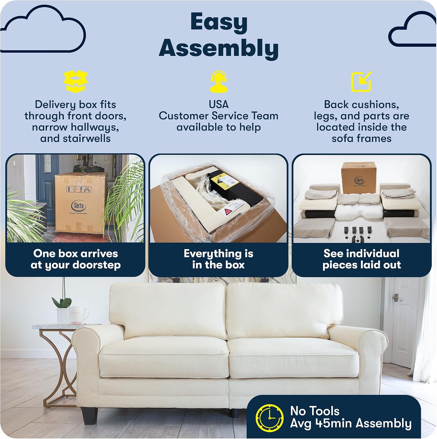 Serta Palisades 61' Track Arm Sofa, Easy Care Polyester, Soft Pillow Back, Pocket Coil Seat Cushions, Removable Covers, Loveseat or Couch for Small Spaces, Living Rooms or Bedrooms, Gray