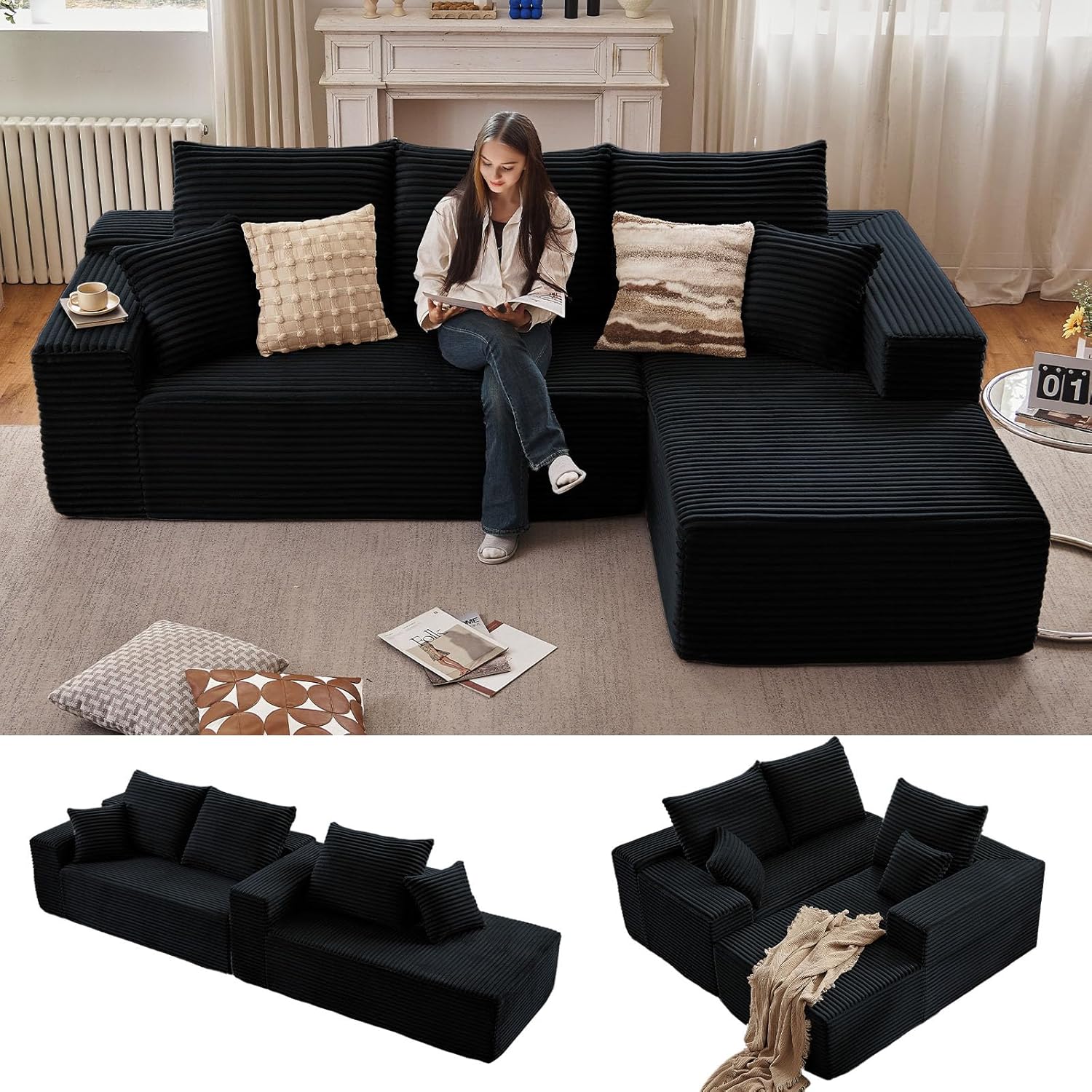 96' Modular Sectional Sofa, Modern Corduroy Cloud Couch with Deep Seat, Boneless Couch Upholstered 3-Seater L-Shaped Sofa for Living Room, No Assembly Required (Black, Right-Facing Chaise)