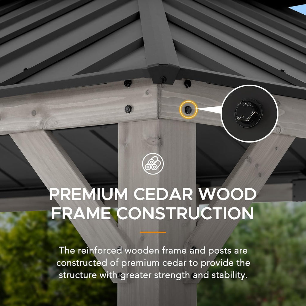 Sunjoy 12 x 20 ft. Wood Gazebo, Outdoor Patio Steel Hardtop Gazebo, Cedar Framed Wooden Gazebo with 2-Tier Metal Roof, Suitable for Patios, Lawn and Backyard, Matte Black Roof + Gray Wood Frame