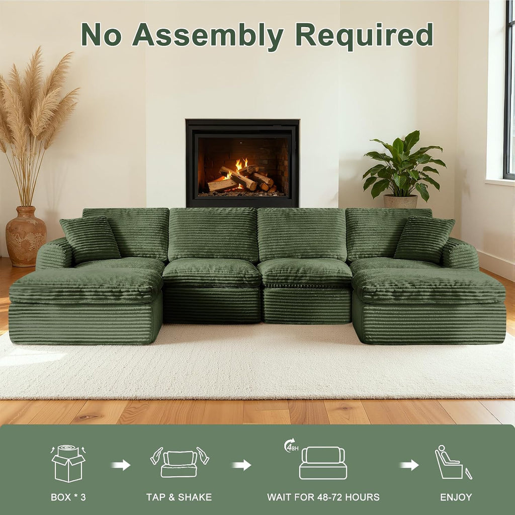 138' Modular Sectional Sofa Couches U Shaped Couch 4 Seater Cloud Sofa Memory Foam Sectional Couches for Living Room, Boneless Couch with Ottoman, Corduroy, Green