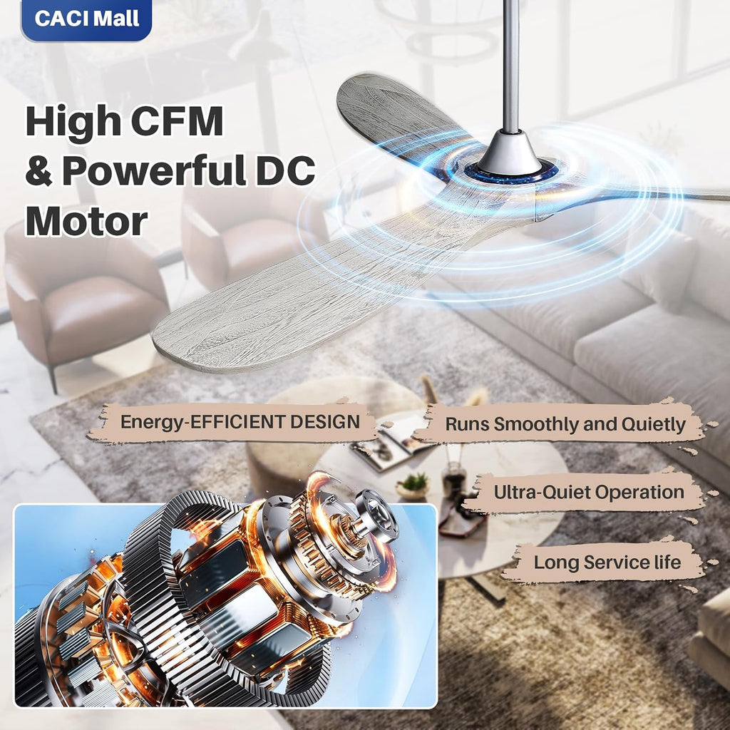 CACI Mall 60' Ceiling Fan no Light, Outdoor Ceiling Fans for Patios Without Lights, Remote Control, Solid Wood 3 Blades, Quiet, Indoor Ceiling Fan for Living Room, Patio, Bedroom, Porch, Farmhouse