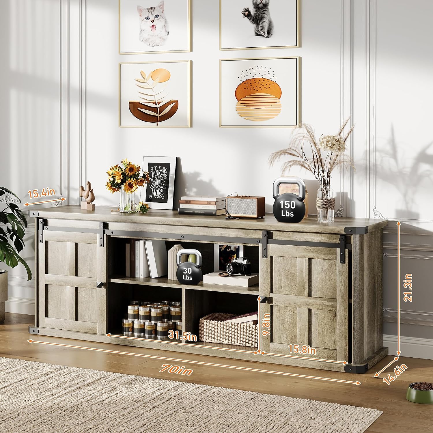 GarveeHome 70' Farmhouse TV Stand for 75 Inch TVs, Modern Entertainment Center with Sliding Barn Doors, Modern Media TV Console Table, Wood Long TV Stand for Living Room