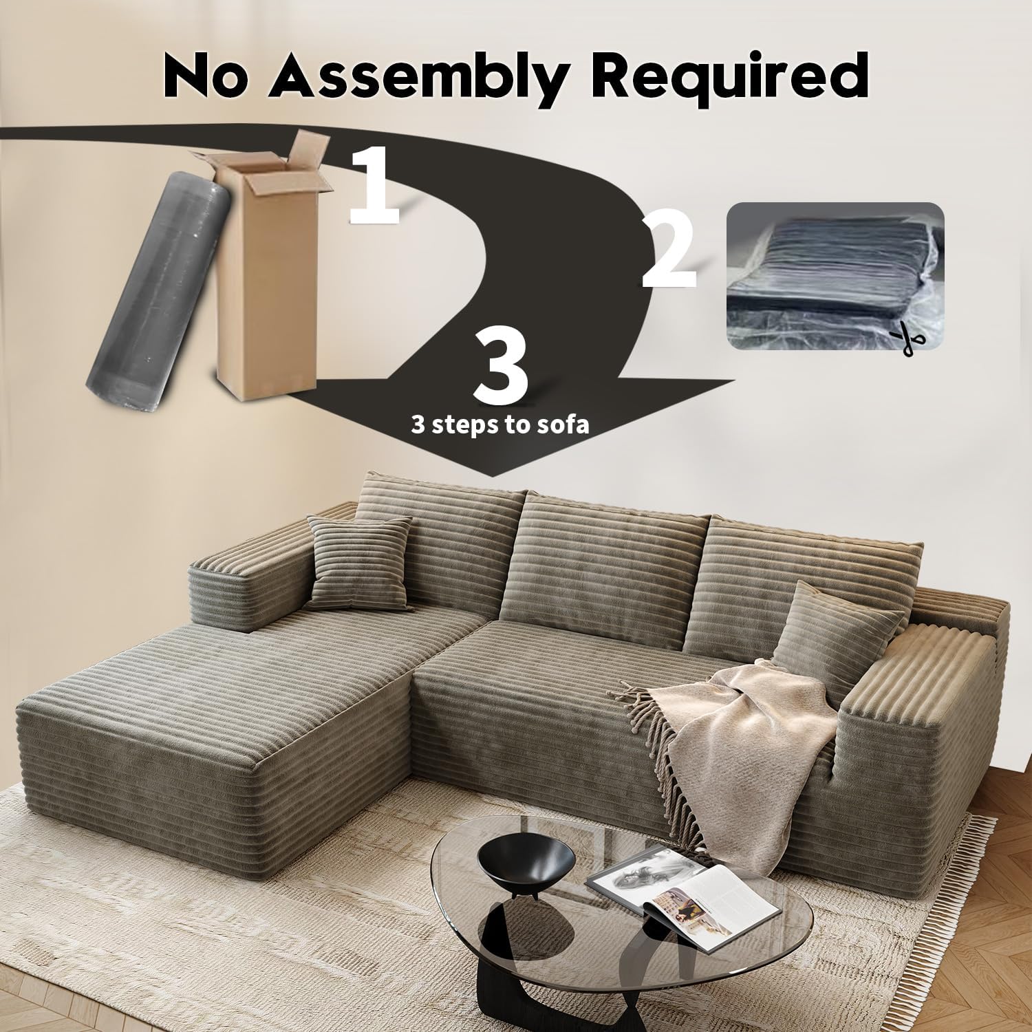 107.5' Cloud Modular Sectional Sofa Couch with L-Shape Chaise,Modern Minimalist Upholstered Couches for Living Room Bedroom,Deep Seat Corner Couch，No Assembly Required (Camel,Left Facing Chaise)