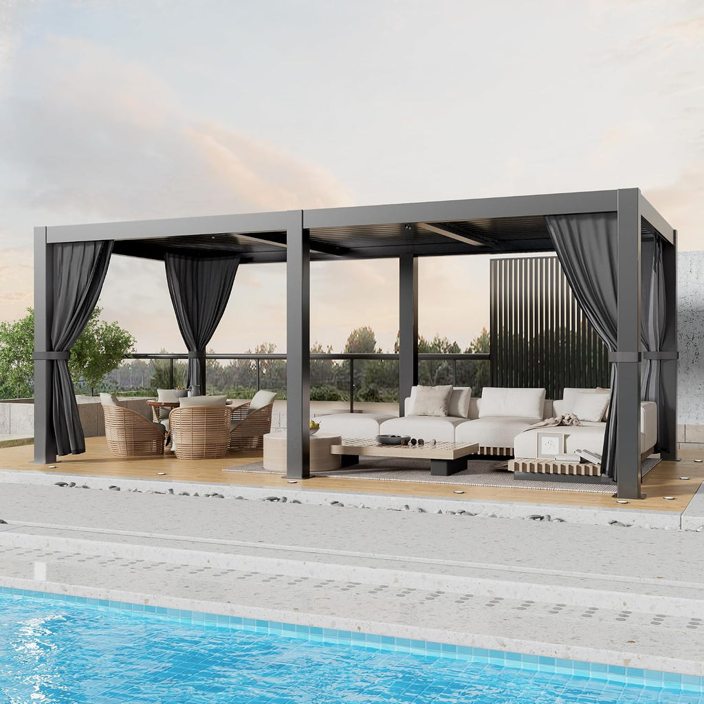 Outdoor Louvered Pergola 10' x 20', Aluminum Outdoor Louvered Pergola with Adjustable Roof, Adjustable Louvered Pergolas for Outdoor Deck, Patio, Lawn & Garden (10x20 Black with Curtain)