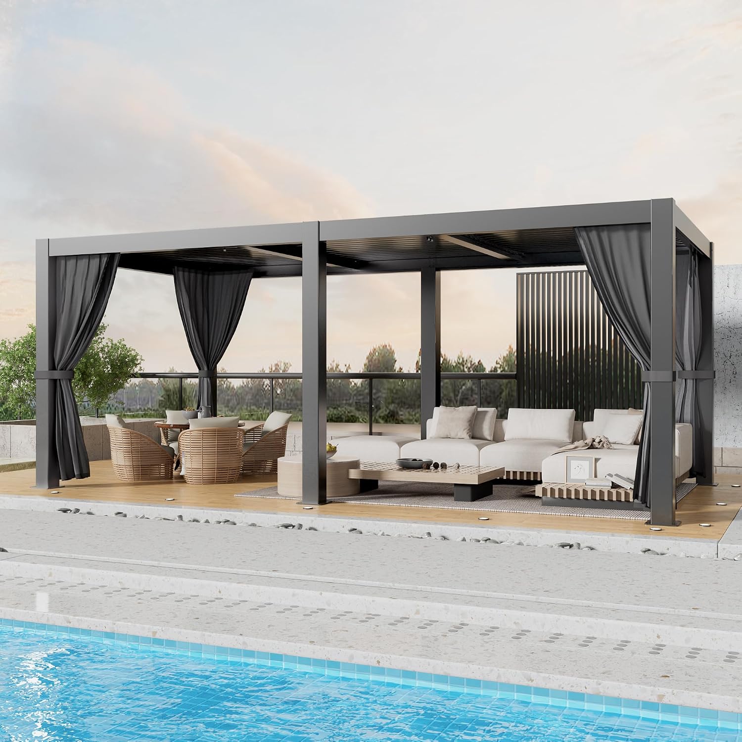 Outdoor Louvered Pergola 10' x 20', Aluminum Outdoor Louvered Pergola with Adjustable Roof, Adjustable Louvered Pergolas for Outdoor Deck, Patio, Lawn & Garden (10x20 Black with Curtain)