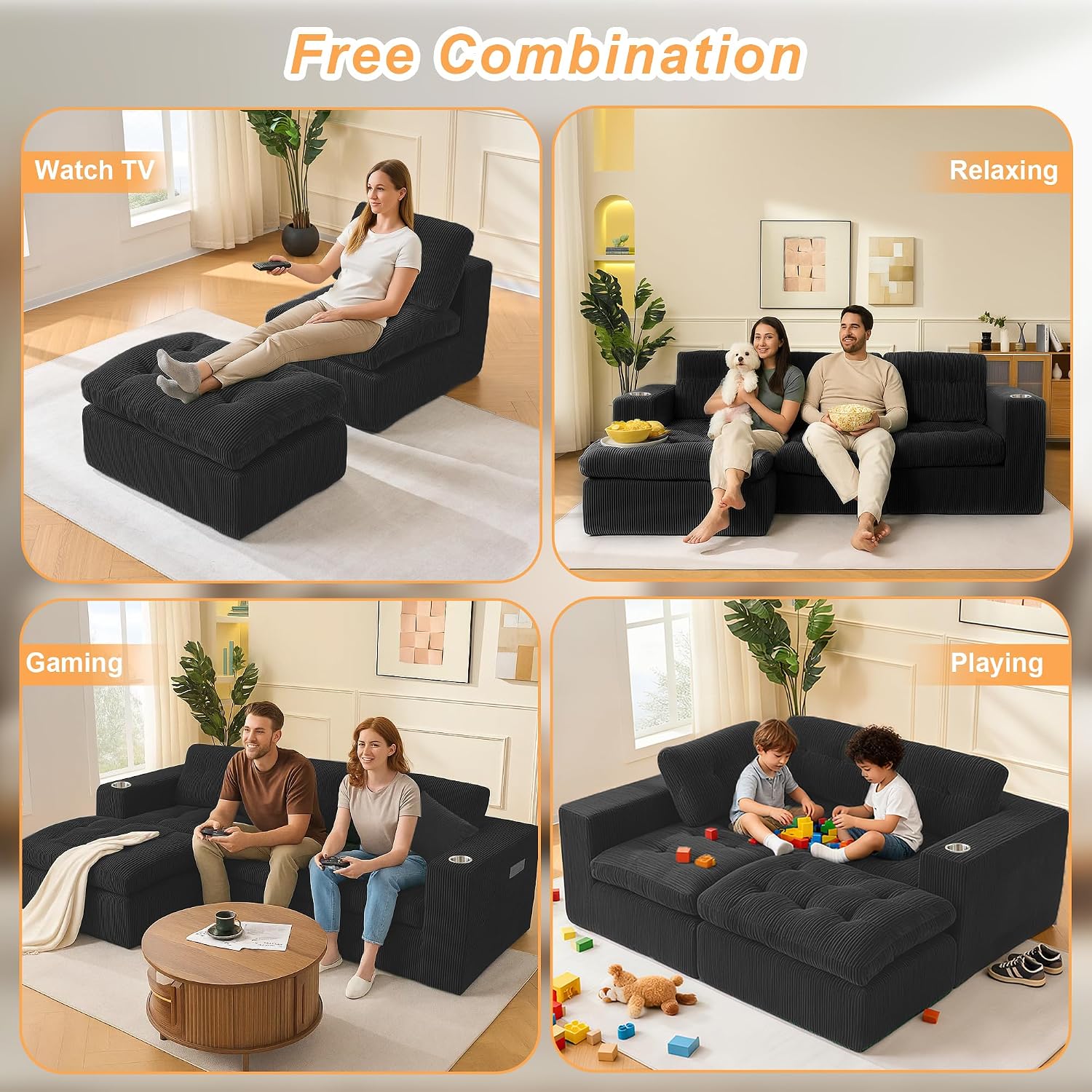 108' Modular Sectional Sofa, Cloud Sectional Couch with Deep Seat, Modern Modular L-Shape Sofa Couch with Chaise,Upholstered Couches for Living Room Bedroom (Matte Black)