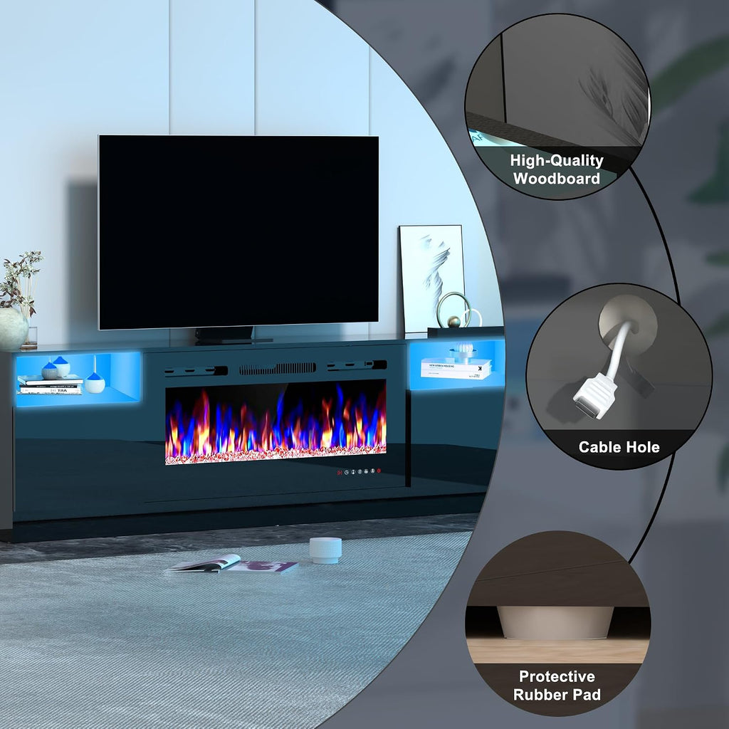 Fireplace TV Stand for 80 Inch TV, TV Stand with 36' Fireplace, LED Light Entertainment Center with Storage Cabinets, Media TV Console TV Table for Living Room, Black