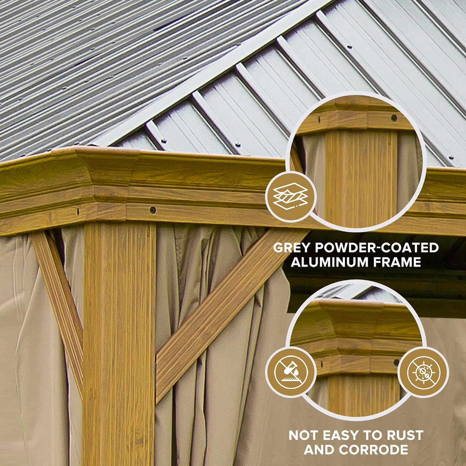 12x14ft Hardtop Gazebo, Wooden Finish Coated Aluminum Frame Canopy with Galvanized Steel Double Roof, Outdoor Permanent Metal Pavilion with Curtains & Netting for Garden, Brown (Wooden 12x14 Ft)