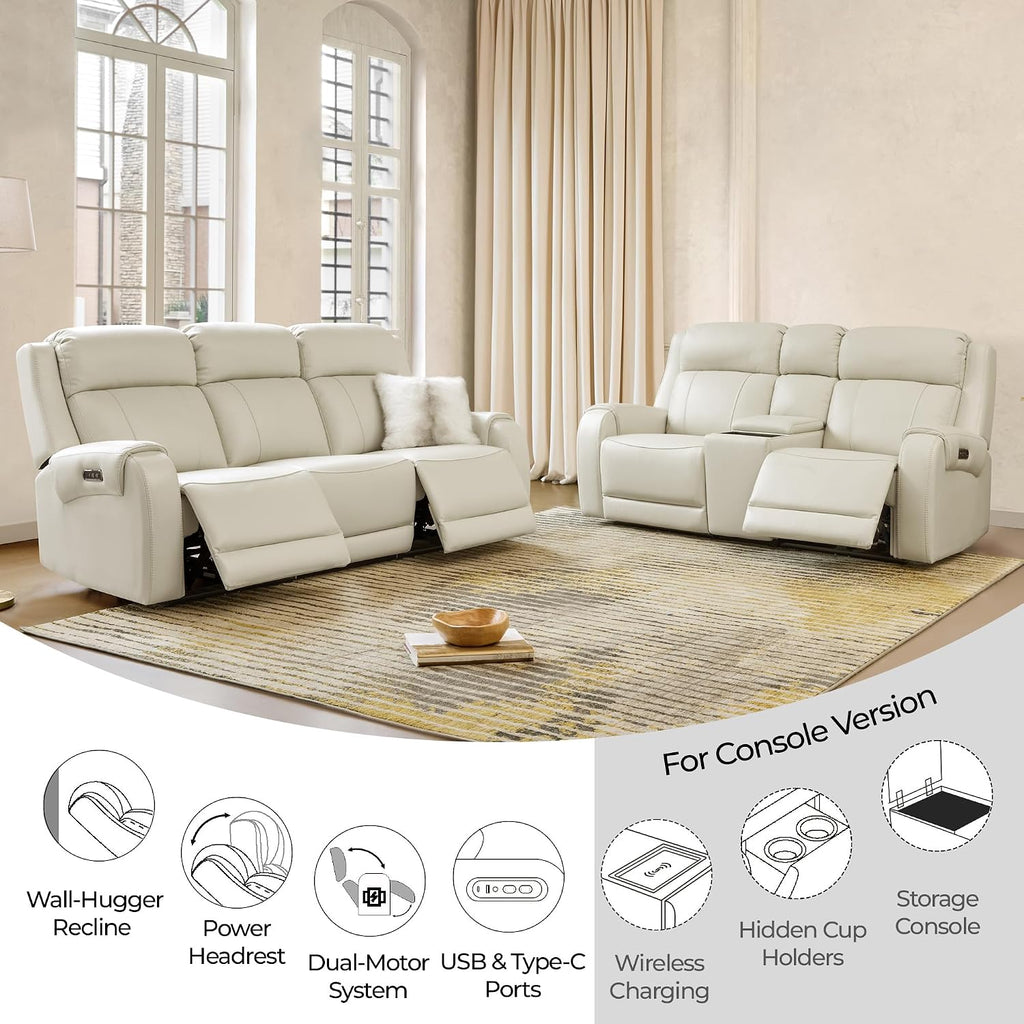 CHITA Genuine Leather Power Recliner Sofa, Wall Hugger Reclining Loveseat with Console, Power Headrest, Dual Motor, Wireless & USB Charging Ports, Recliner Couch for Living Room, RV, Leather in Cream