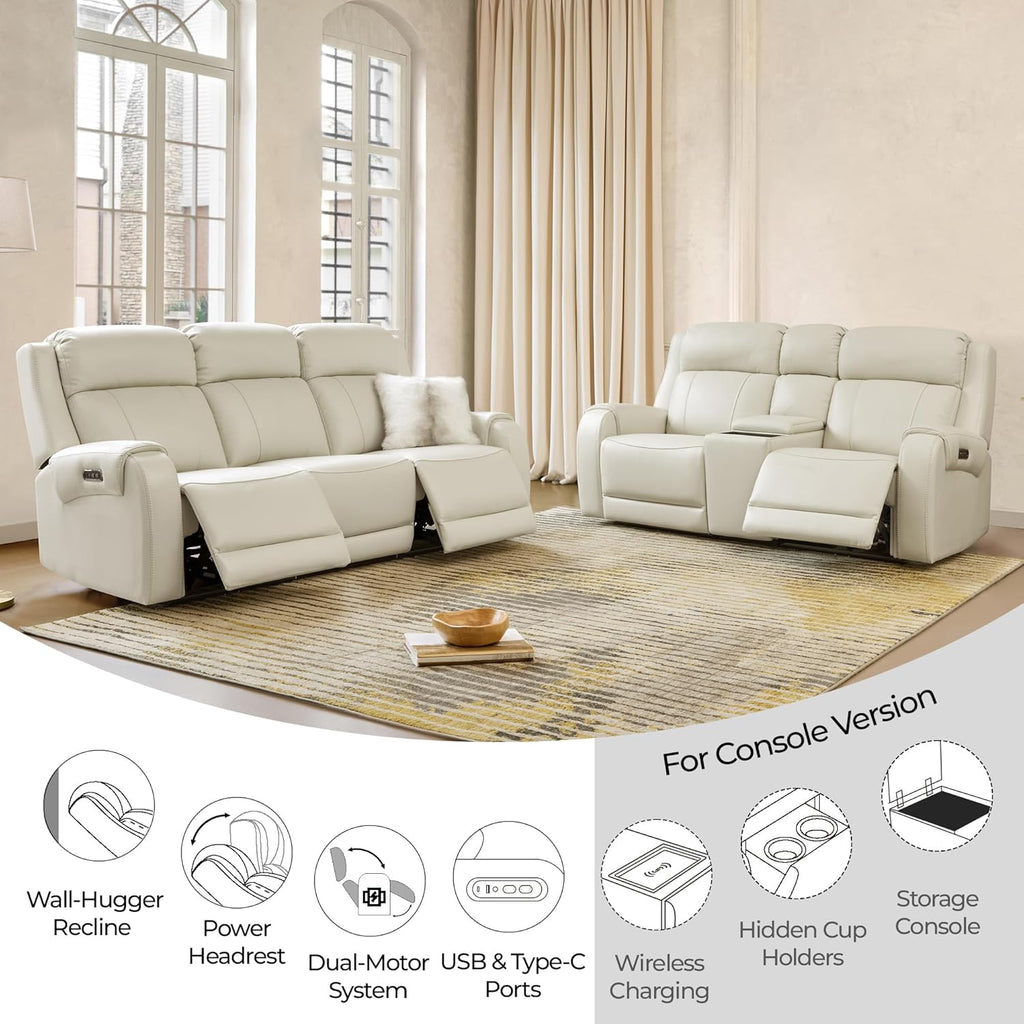 CHITA Genuine Leather Power Recliner Sofa, Wall Hugger Reclining Sofa with Console, Power Headrest, Dual Motor, USB Charging Ports, Recliner Couch for Living Room, RV, Leather in Cream