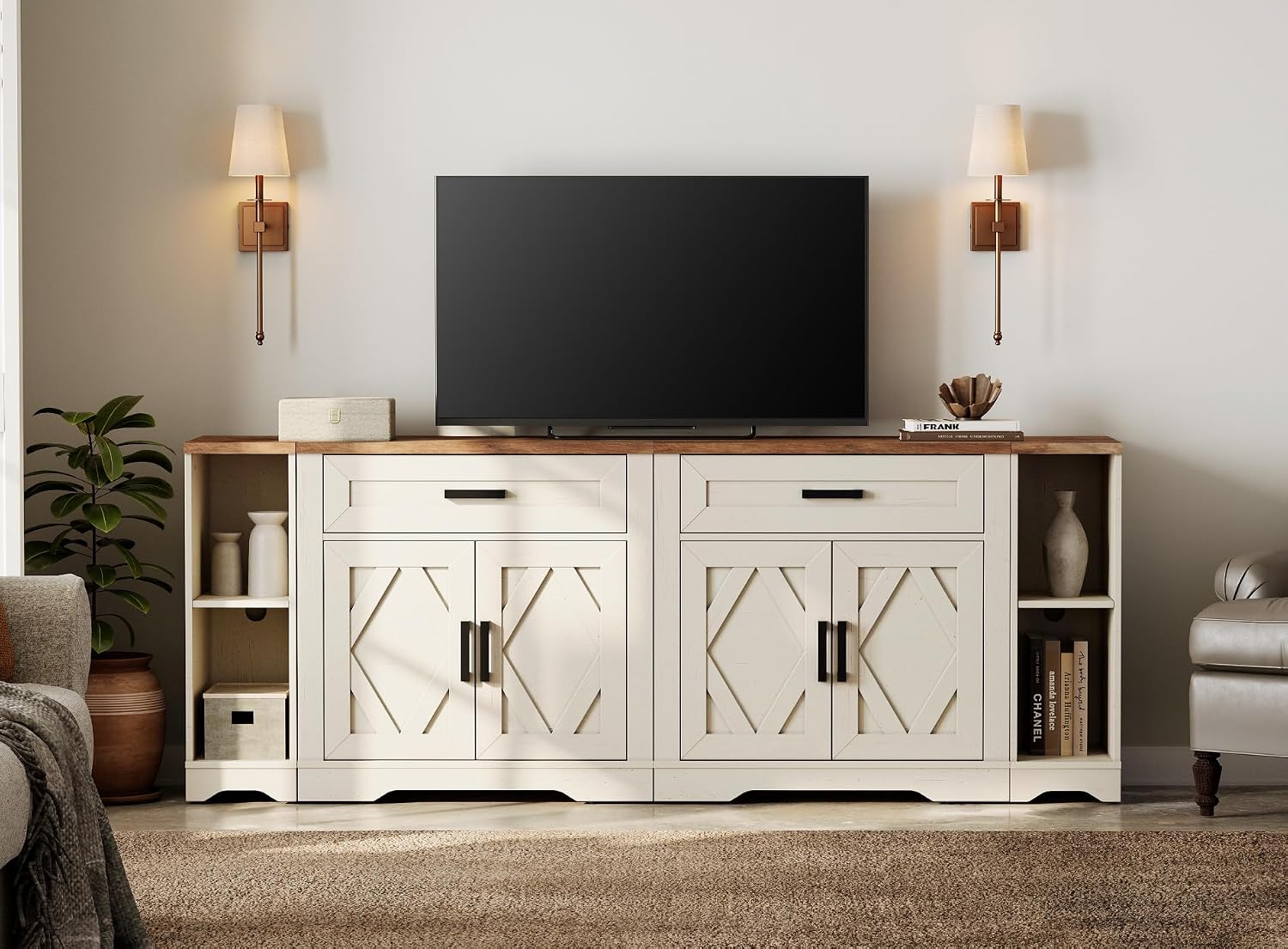 WAMPAT 82.7' W TV Stand for up to 95' TVs,Farmhouse Entertainment Center with Storage Barn Door Cabinet,TV Console Table with Media Cabinet and Drawers for Living Room,Bedroom,Cream White