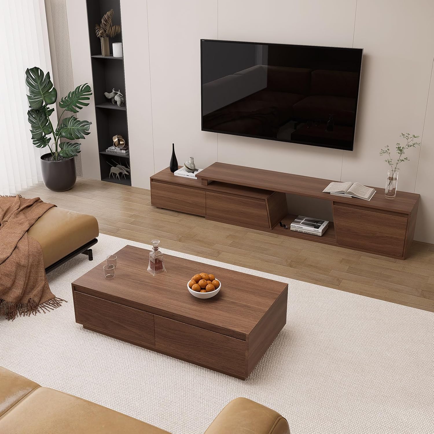 homary TV Stand for Living Room, Walnut Extendable Media Console, Minimalist Media Entertainment Center with 3 Drawers, Adjustable TV Stand for Up to 110 Inch TVs