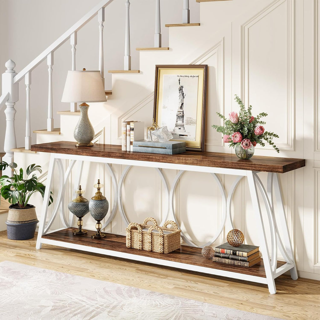 Tribesigns 70.9 inch Extra Long Console Table, Industrial Sofa Table Behind Couch with 2 Tier Storage Shelf, Narrow Entryway Hallway Accent Table for Living Room, White & Brown