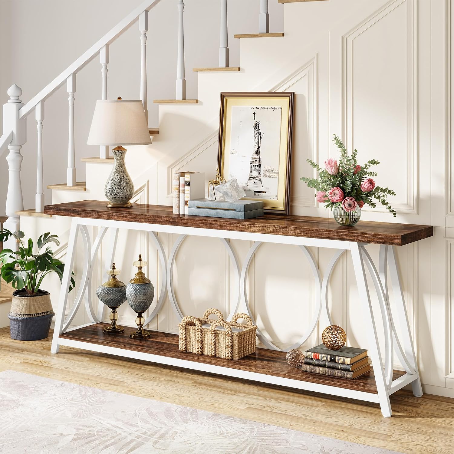 Tribesigns 70.9 inch Extra Long Console Table, Industrial Sofa Table Behind Couch with 2 Tier Storage Shelf, Narrow Entryway Hallway Accent Table for Living Room, White & Brown