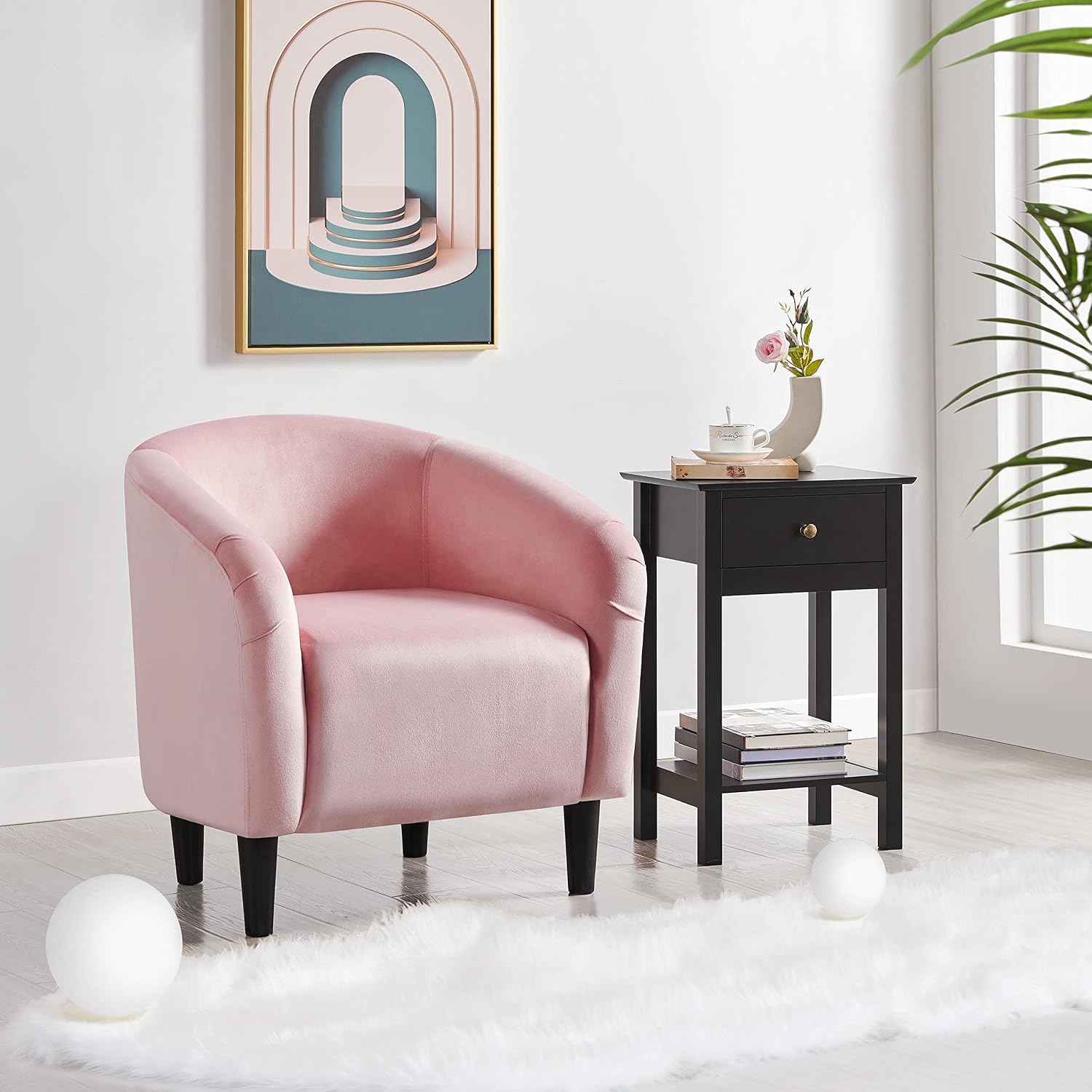 Yaheetech Accent Barrel Chair, Boucle Fabric Club Chair, Furry Sherpa Elegant Armchair with Cozy Soft Padded, Suitable for Living Room Bedroom Reception Room Office, Pink