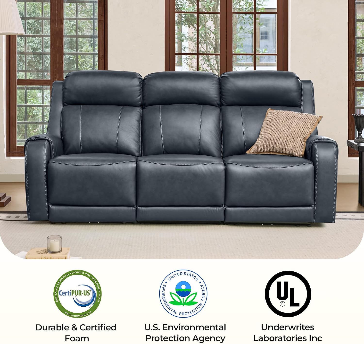 CHITA Genuine Leather Power Recliner Sofa, Wall Hugger Reclining Loveseat with Power Headrest, Dual Motor, USB Charging Ports, Recliner Couch for Living Room, RV, Leather in Navy