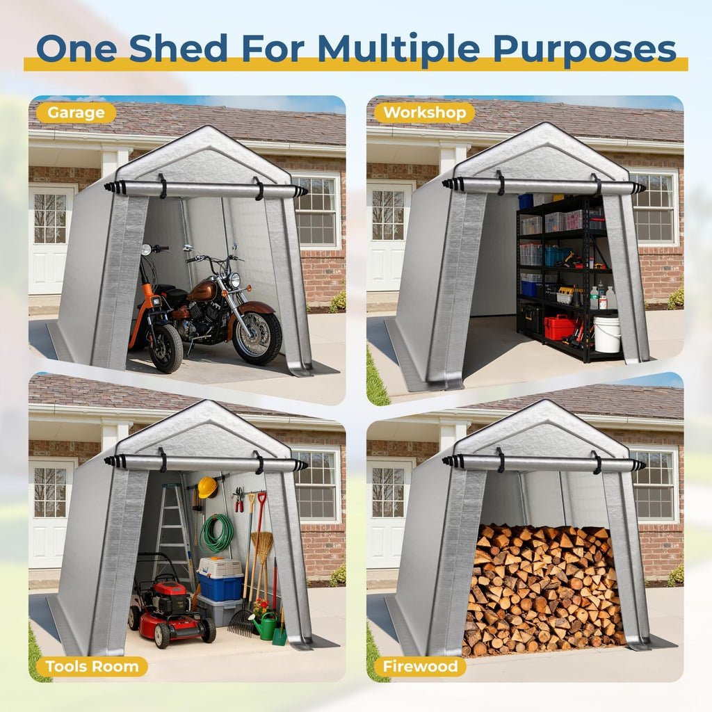LINKHOO 7 x 12 FT Carport, Portable Shed w/220G Heavy Duty Waterproof PE Tarp, Roll-up Zipper Door & Vent, Weather-Resistant Storage Shed for Motorcycle, Bike and Tools, Gray