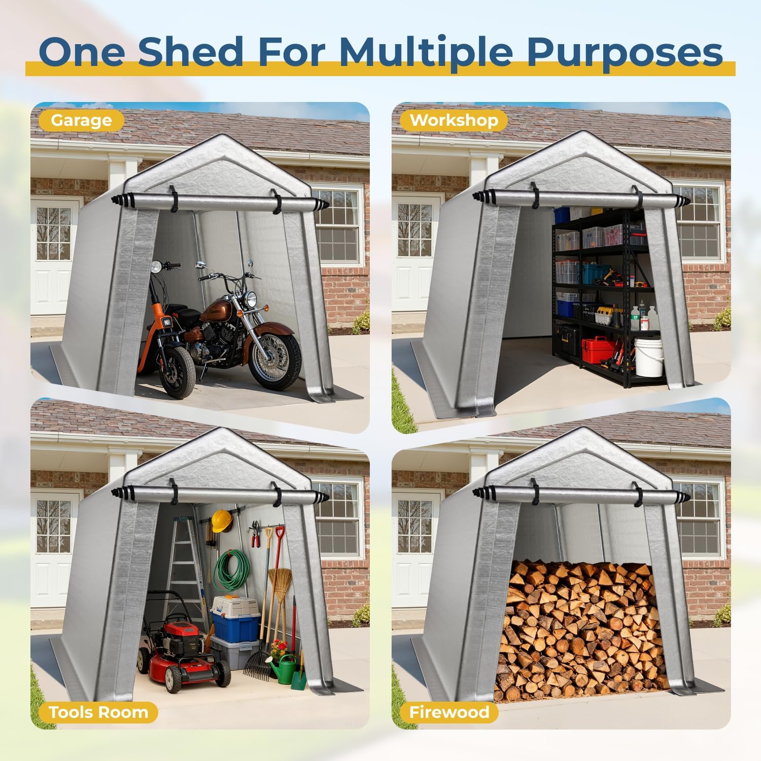 LINKHOO 7 x 12 FT Carport, Portable Shed w/220G Heavy Duty Waterproof PE Tarp, Roll-up Zipper Door & Vent, Weather-Resistant Storage Shed for Motorcycle, Bike and Tools, Gray