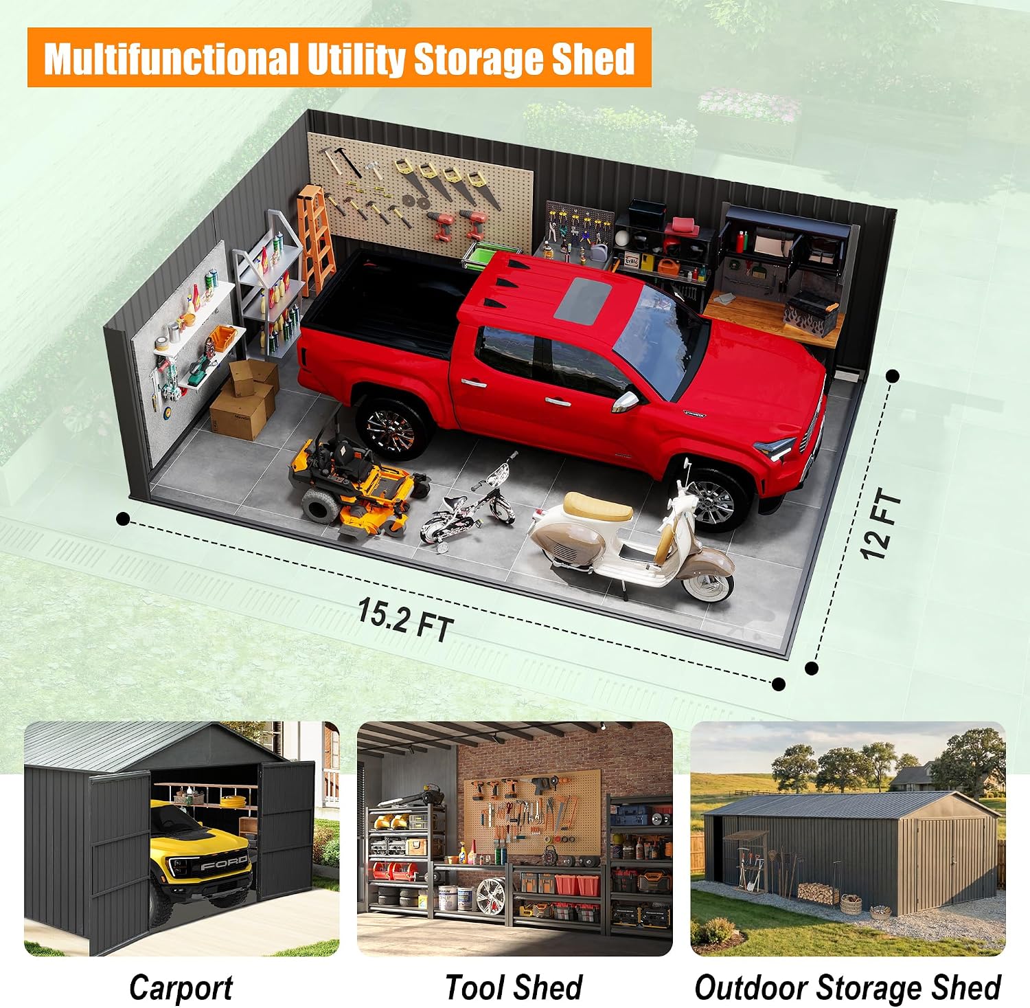 Domi 12x15FT Outdoor Metal Garage Shed, Extra Large Metal Carport with Lockable Double Hinged Doors, Heavy Duty Car Shelter for Car, Truck, Motorcycle and Lawn Equipment, Dark Grey