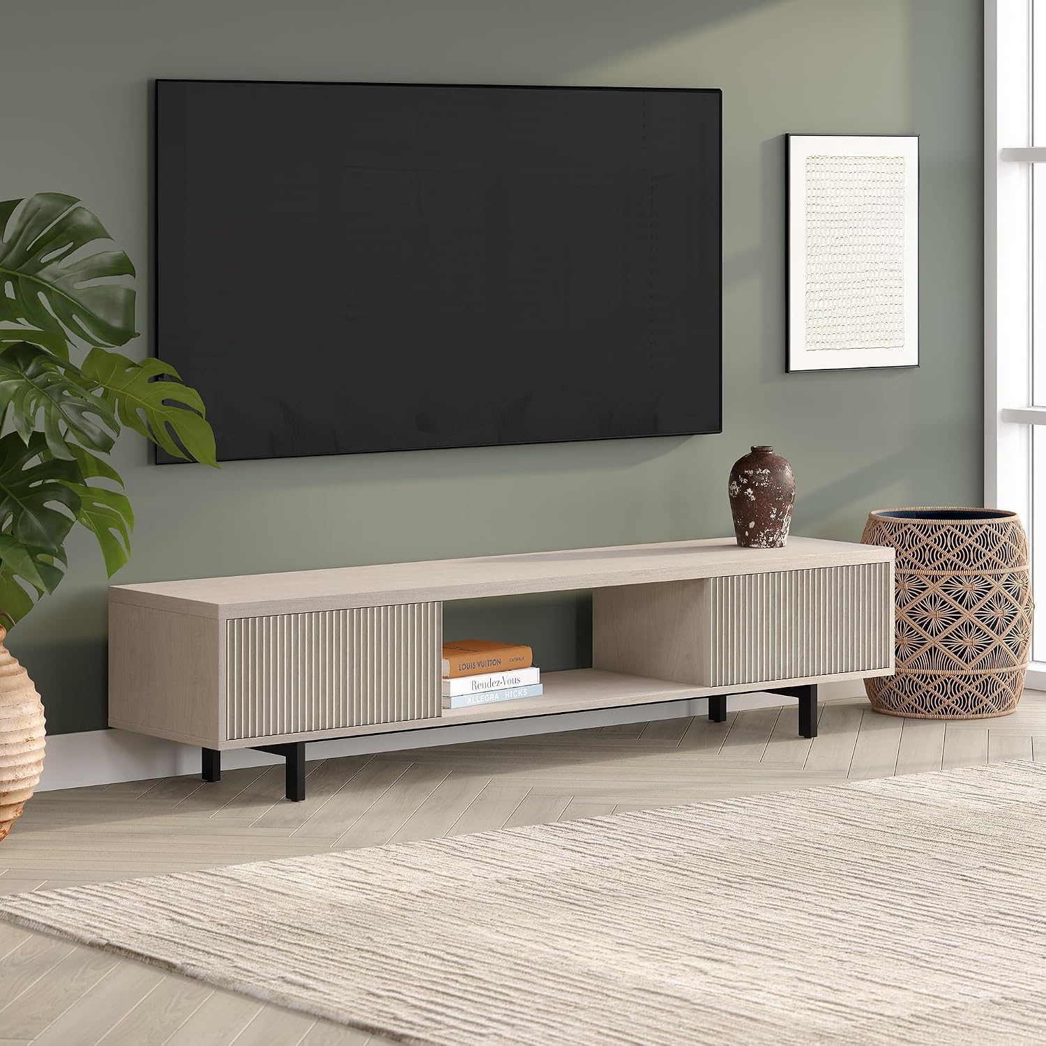 Henn&Hart Fluted TV Stand for TVs up to 78' with 2 Ribbed Side Storage Cabinets and Open Center Storage for Living Room, Family Room, or Office, Beech White