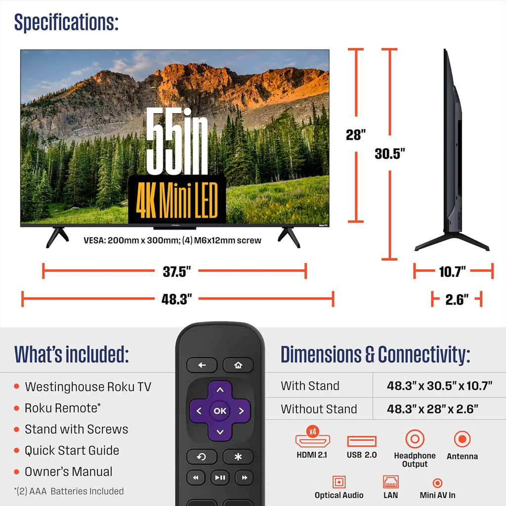 Westinghouse 55' Mini-LED 4K UHD Roku TV, Dolby Vision HDR, QLED Quantum Color, Local Dimming, MEMC Motion, Apple HomeKit & AirPlay 2