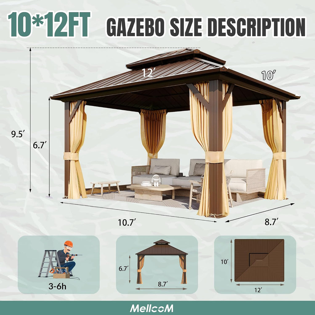 MELLCOM 10' x 12' Gazebo, Hardtop Double Roof Gazebo with Aluminum Frame, Galvanized Steel Outdoor Pavilion with Curtain and Netting for Patio, Garden, Lawn, Brown