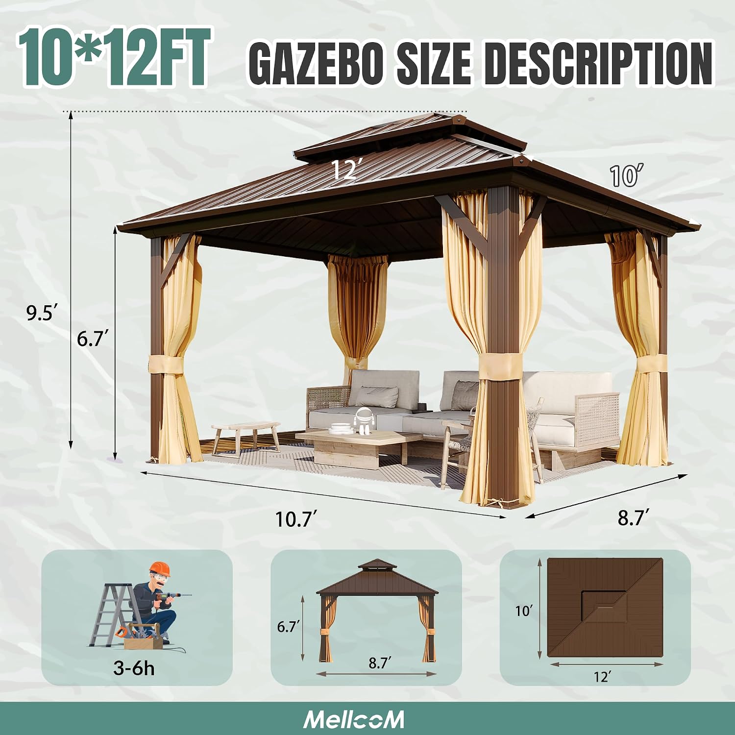 MELLCOM 10' x 12' Gazebo, Hardtop Double Roof Gazebo with Aluminum Frame, Galvanized Steel Outdoor Pavilion with Curtain and Netting for Patio, Garden, Lawn, Brown