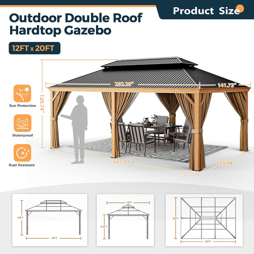 HAPPATIO 12' x 20' Hardtop Gazebo, Outdoor Wood Grain Frame Aluminum with Galvanized Steel Double Roof, Patio Metal Gazebo Canopy with Netting and Curtains for Patio, Deck, Backyard (Beige)