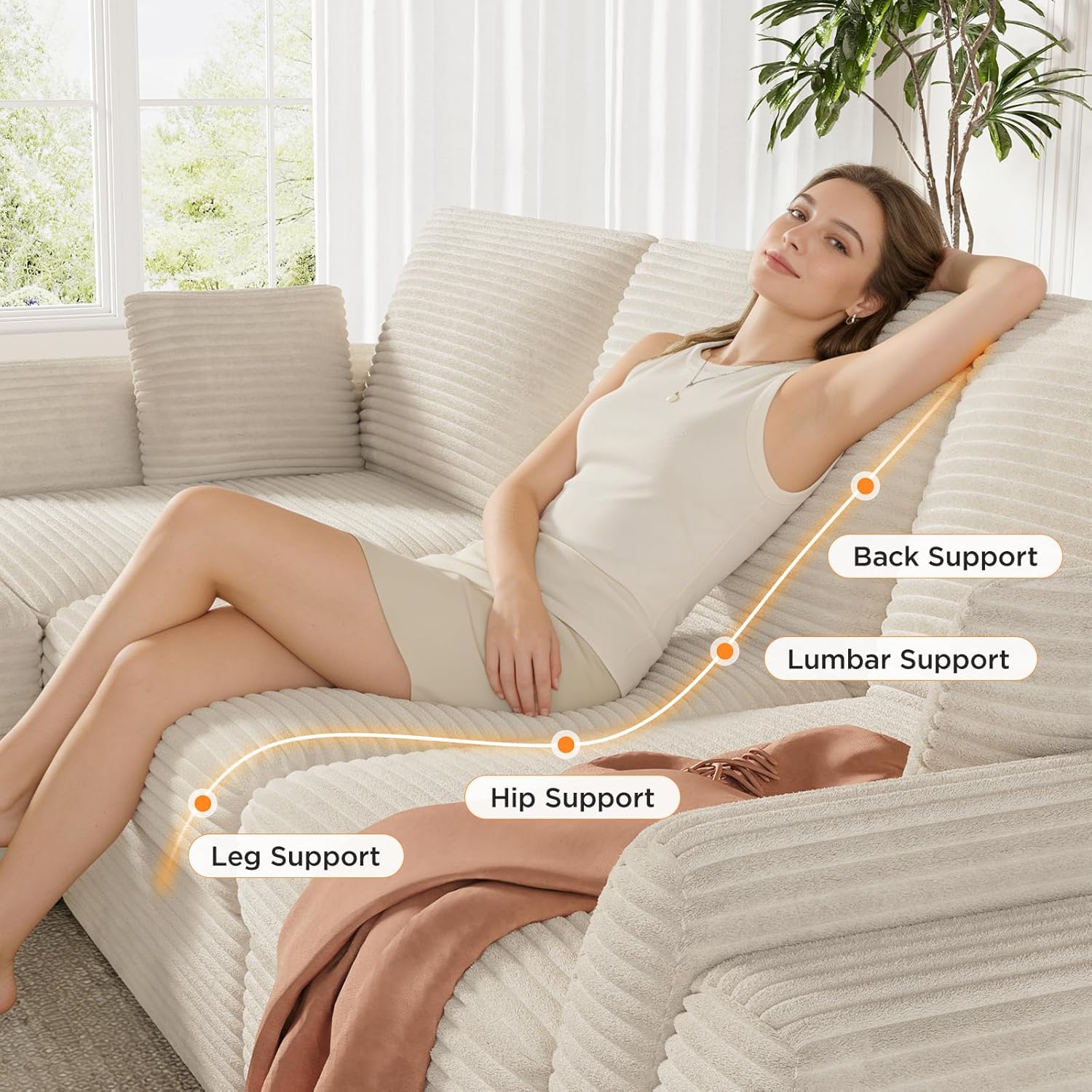 Vabches 106.6' Modular Sectional Sofa with Chaise, Comfy Cloud Sectional Couch, Modern L-Shape Corduroy Sofa with Deep Seat, Upholstered Couches for Living Room Bedroom,No Assembly Required (Beige)