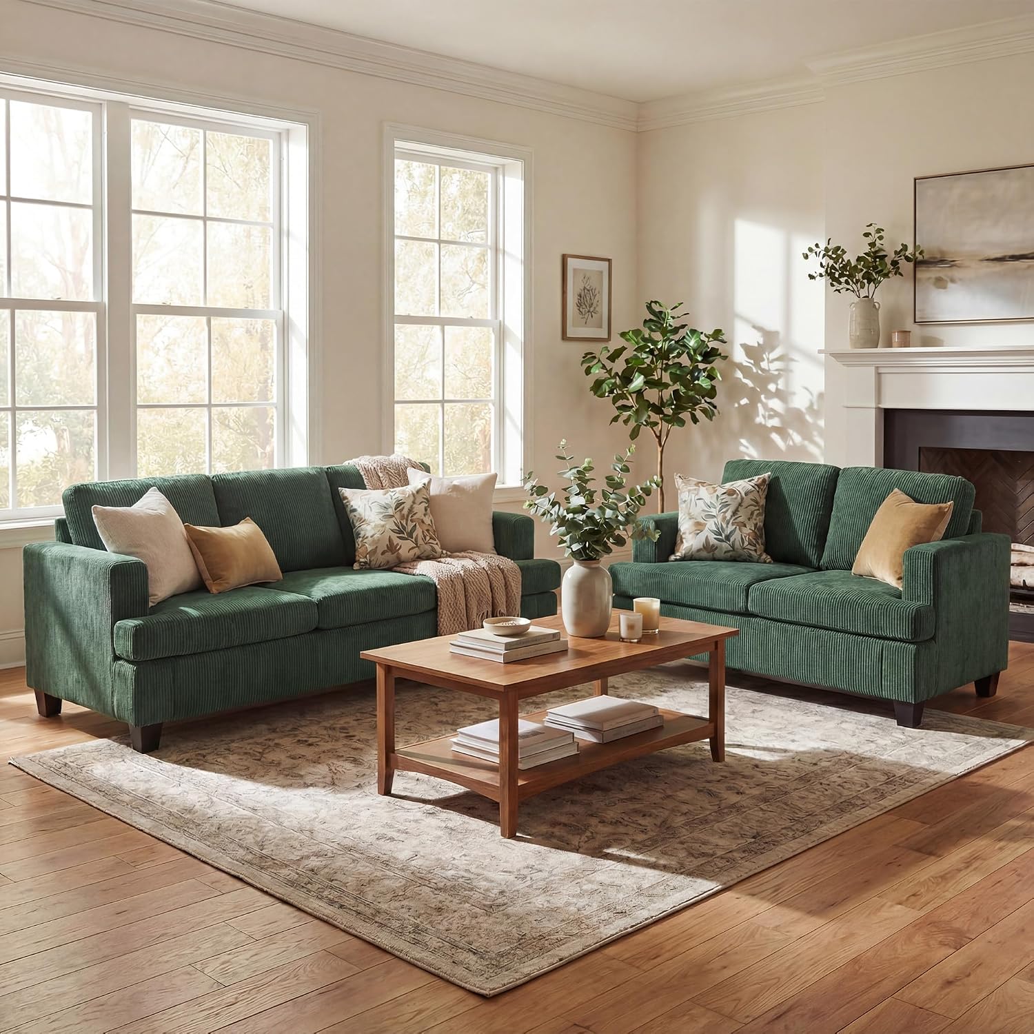 YOUDENOVA 2 Piece Set Comfy Sofa Couch, 3 Seater & Loveseat Sofa with Deep Seats, Modern Sleeper Couch for Living Room, Green Corduroy