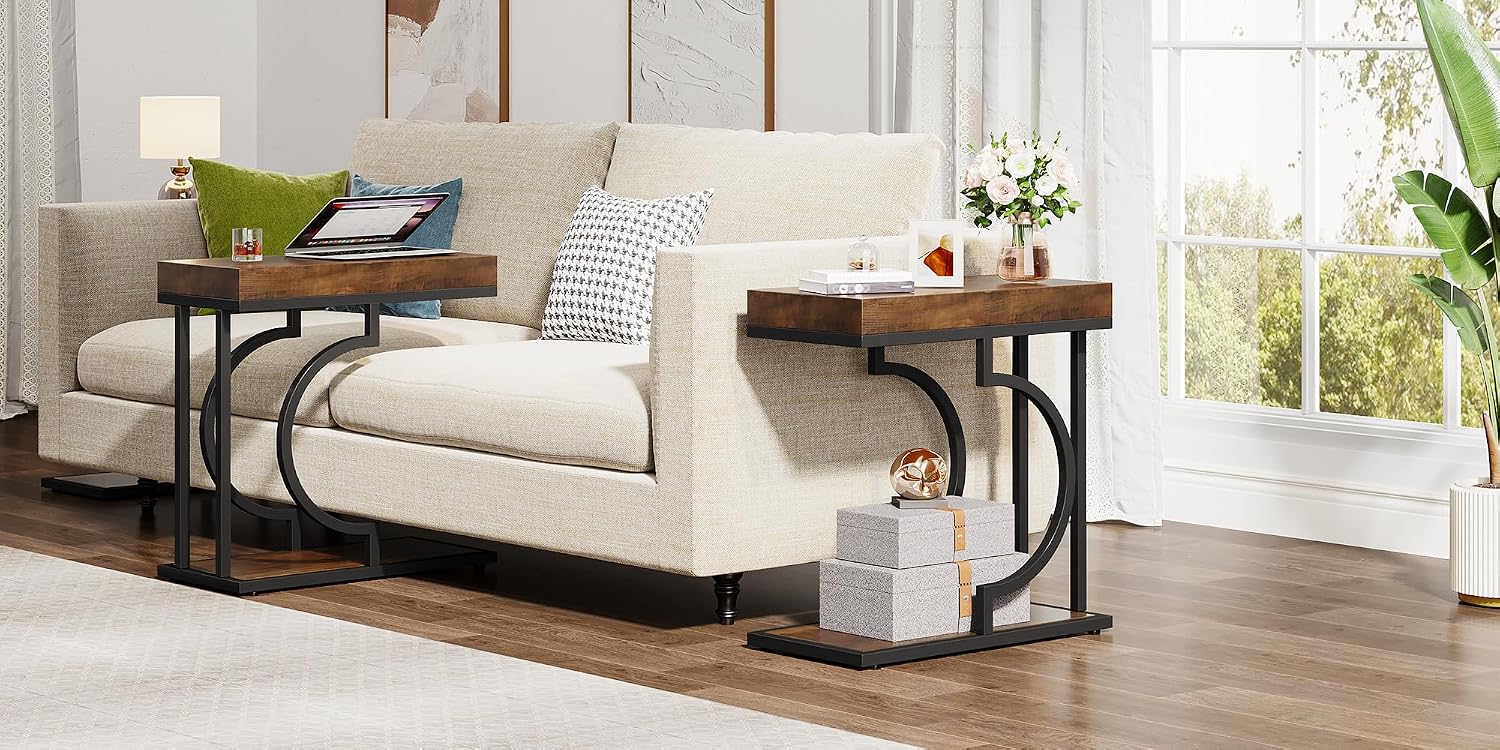 Tribesigns Narrow Side Table Set of 2, C Shaped End Table for Couch, Modern Bedside Tables with Metal Frame, Small Sofa Tables for Small Spaces, Living Room (2, Brown+Black)