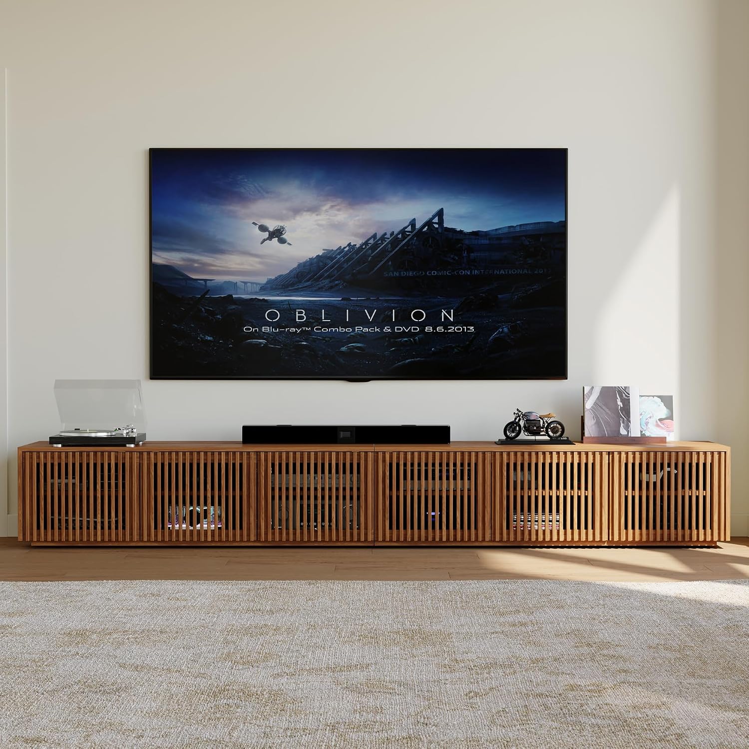 POVISON Full Assembled Mid Century Modern TV Stand, 118' Extra-Large Entertainment Center for 100 inch TV, Wood Slatted TV Media Console with Storage for Living Room Bedroom