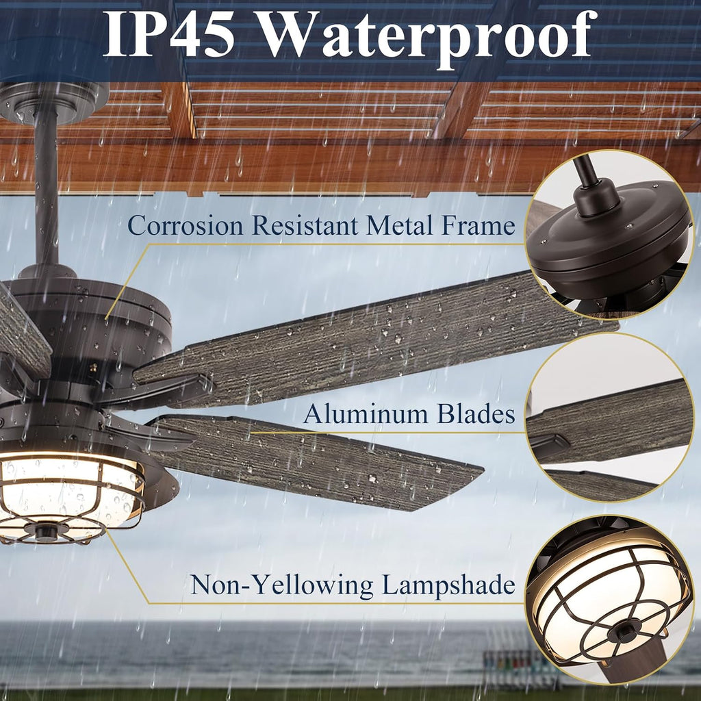 NORFOLK 52' Outdoor Ceiling Fans with Lights for Patios, Waterproof Ceiling Fan and Remote, Wet Rated and 3 Color LED Lighting, Farmhouse for Outside Gazebo Backyard Canopy, Grey Blades