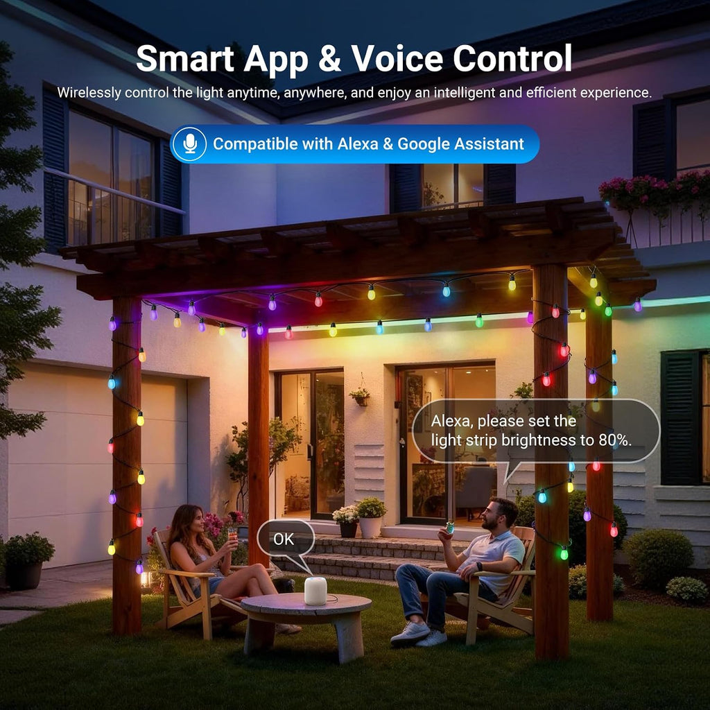 NEEWER 144ft Outdoor String Lights, App Control Smart AI RGBW Dimmable Patio Balcony Backyard Outside Hanging Lighting, IP65 Waterproof, 45 LED Bulbs, 50+ Scenes, Compatible with Alexa Google, NR01